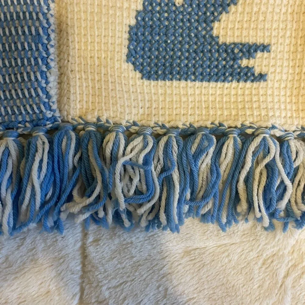Handmade Crocheted Granny Square Bird Afghan Throw Lap Blanket Blue Cream 46x64”